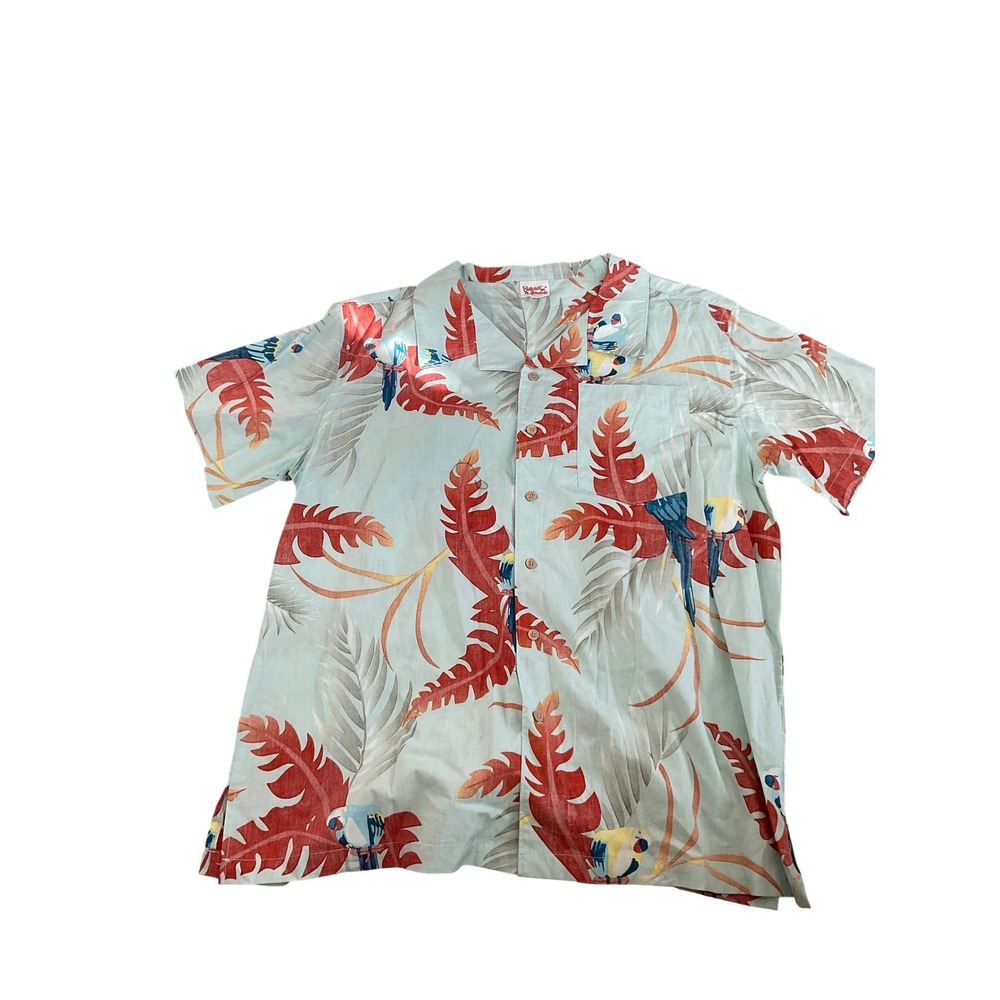 Barefoot in Paradise Mens XL Hawaiian Shirt Tropical Parrot Palm‎ Leaf Blue Red